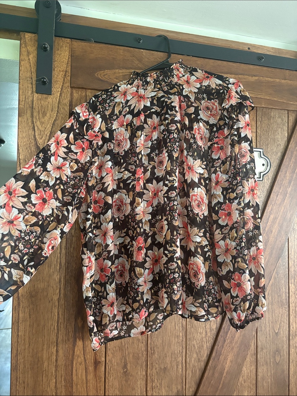Maurices Brown Floral Long-Sleeve Blouse with Pink and Cream Blooms